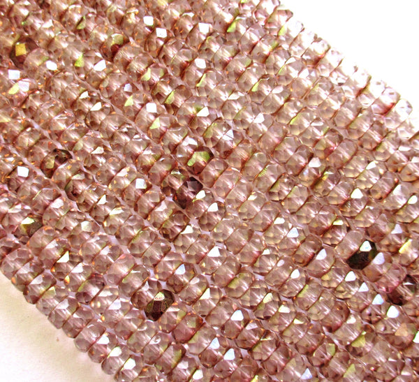 50 6 x 3mm Czech glass faceted rondelle beads - transparent luster pink & crystal spacer beads - C00101