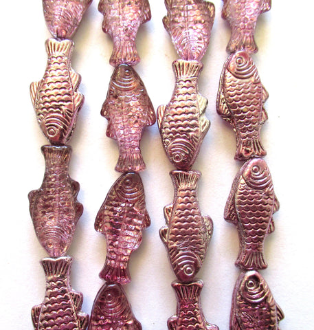 lot of 4 large Czech glass fish beads - 25 x 14mm pink ab fish - C0048