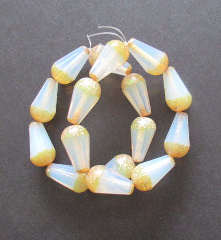 8 Czech glass faceted teardrop beads - 8 x 15mm milky white with a picasso finish on the ends - large drop beads - 00982