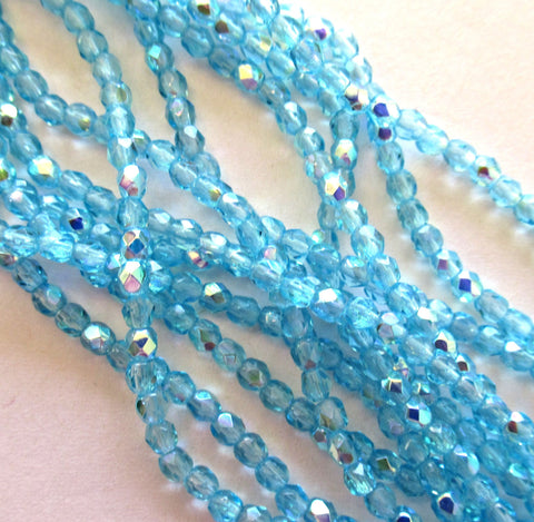 50 3mm Aqua Blue AB Czech glass beads - fire polished faceted round beads C0015