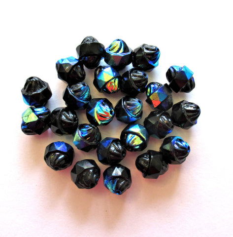 Ten Czech glass turbine beads - 11 x 10mm opaque jet black ab - faceted, fire polished saturn beads - C0008