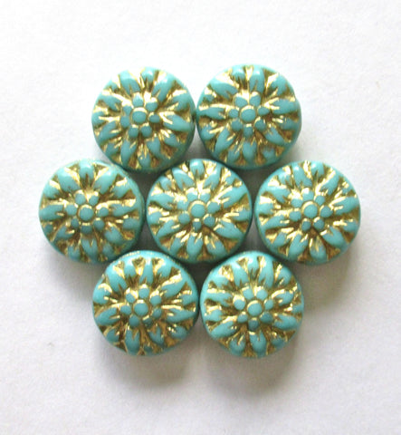 Six 14mm Czech glass Dahlia flower beads - light turquoise blue green w/ gold wash - floral puffy disc coin or pillow beads C00021