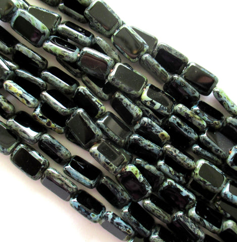 Black rectangle beads - opaque Czech glass beads with a picasso finish - 12 x 8mm - table cut rectangular beads - 24 pieces - C00101