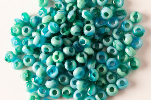 10 Czech glass faceted roller or beads - 6 x 9mm opaque & transparent blue and green marbled tyre beads - big 3.38mm hole beads C0017