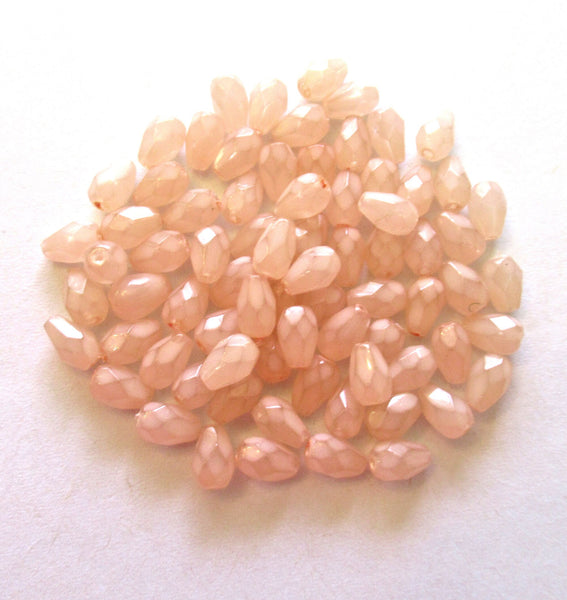 Lot of 25 7 x 5mm Czech glass teardrop beads - coated milky pink - faceted fire polished drop beads - C00211