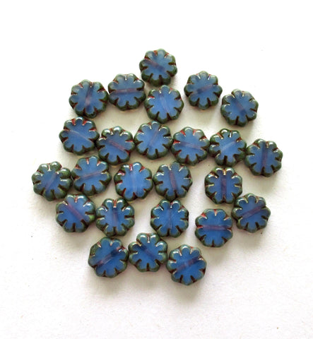 15 Czech glass flower beads - cornflower blue picasso beads - 9mm - table cut cactus flower beads - C00261