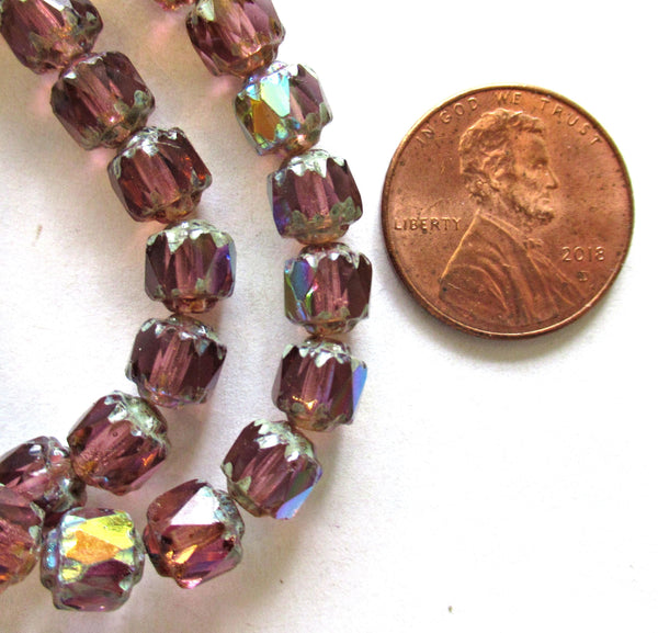 Lot of 20 6mm Czech glass cathedral beads - amethyst purple ab picasso faceted fire polished antique cut beads C00551