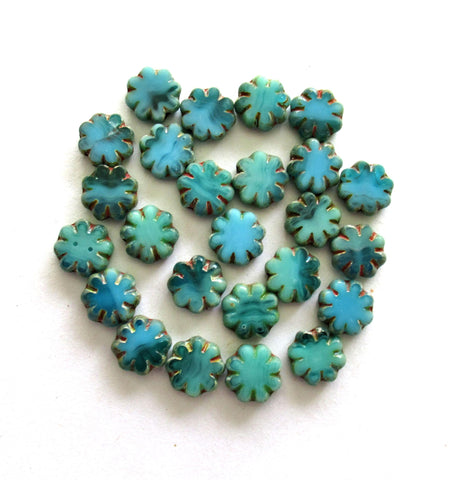 20 Czech glass flower beads - marbled blue & green picasso beads - 9mm - table cut cactus flower beads - C00871