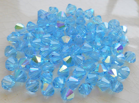 Lot of 24 6mm Aqua, Aquamarine AB Czech Preciosa Crystal bicone beads, faceted glass blue AB bicones C50101