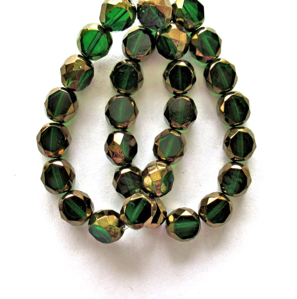 Dual faceted Czech glass beads - 8mm - emerald green with bronze accents - 2 cut - table cut - thick window beads - 10 pcs - 00051