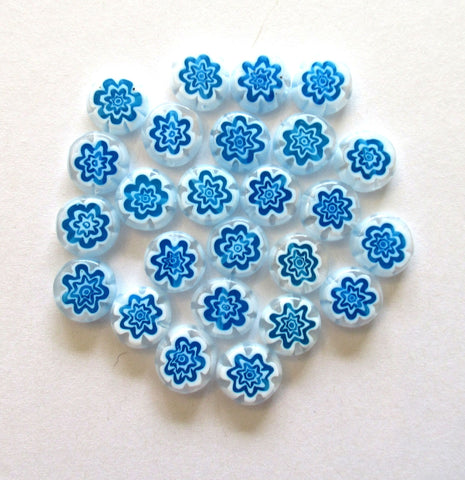 Ten 10mm cane or millefiori glass beads - aqua blue and white coin or disc beads - C0095