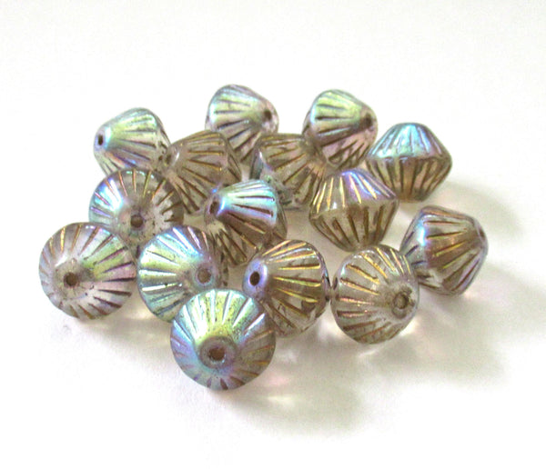 Five Czech glass bicones - 11mm x 10mm - crystal clear ab with gold accents - carved chunky rustic bicone beads C0076