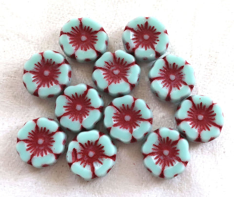 12 Czech glass flower beads - opaque sky blue with red accents - 12mm table cut carved - Hawaiian Hibiscus floral beads C00542