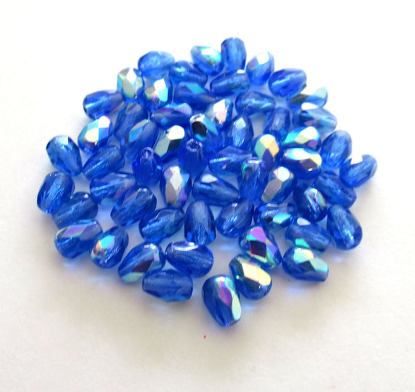 Lot of 25 7 x 5mm Sapphire Blue AB teardrop Czech glass beads, faceted fire polished beads C3701