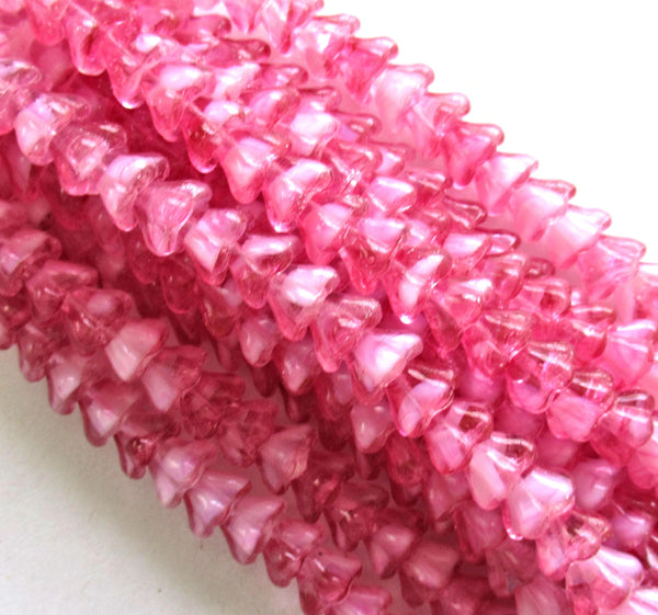 25 Czech glass bell flower beads - Pink with white hearts - pressed glass bellflower beads - 8 x 6mm - C00057