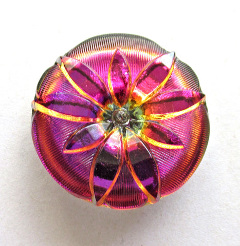 One large Czech glass flower button - iridescent pink & orange button - 35mm - decorative shank button - 00083