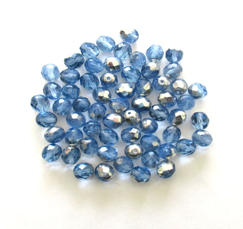 25 8mm Czech glass beads - light sapphire blue half silver fire polished faceted round beads C0056