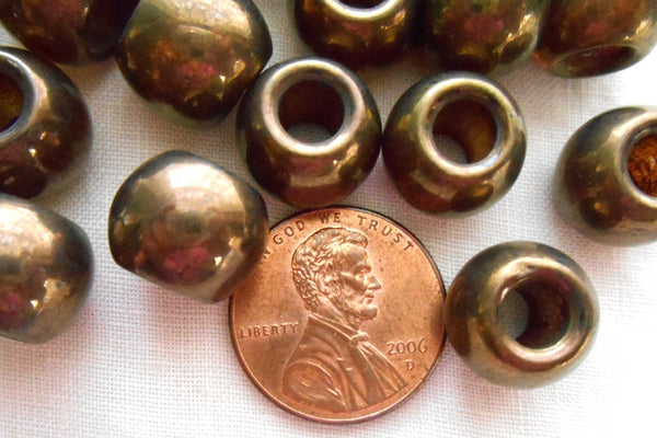 12mm round Lumi Brown iridescent glass big hole beads, 4.5mm holes, C8406