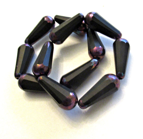 Six Czech glass long faceted teardrop beads - opaque jet black w/ purple bronze ab accents - 9 x 20mm elongated tear drops 00391