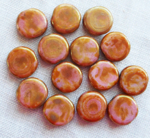 Lot of 25 8mm Czech glass flat round beads, opaque pink with a full picasso goldstone finish coin or disc beads 00141