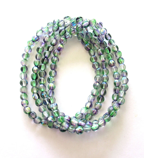 25 6mm Czech glass melon beads - green & purple mix pressed glass beads - C0084