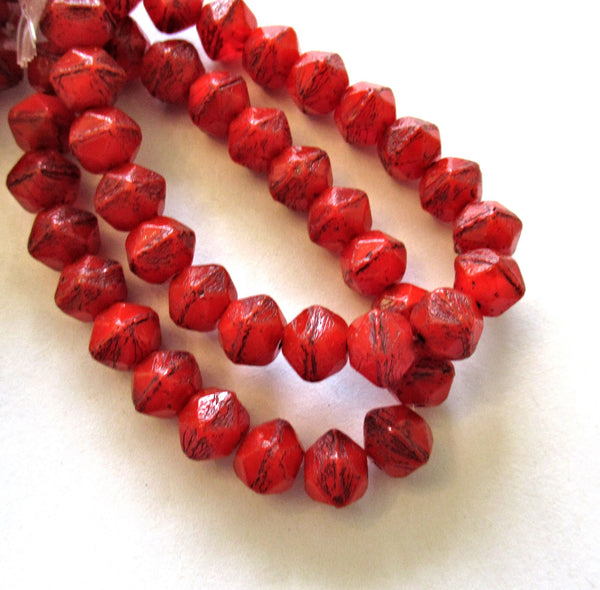 20 8mm Czech glass faceted English cut beads - opaque red picasso rustic earthy beads - C00411