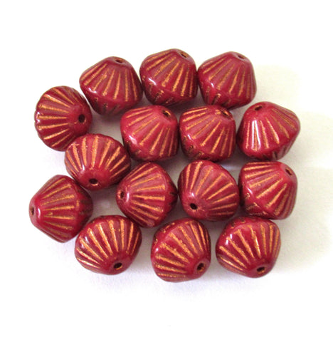 Five Czech glass bicones - 11mm x 10mm - opaque red with copper accents - carved chunky rustic bicone beads C0077