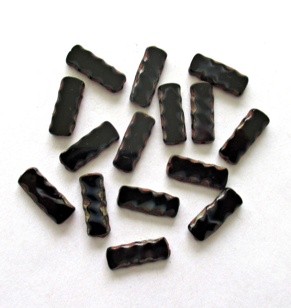 Czech glass rectangle tube beads - black picasso beads with serrated edges - long flat table cut beads - 17 x 7mm - 15 pieces - C00051