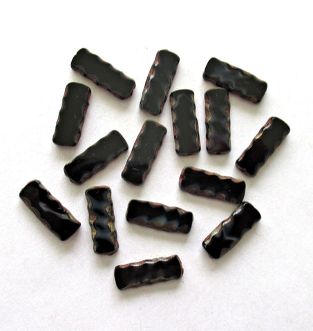 Czech glass rectangle tube beads - black picasso beads with serrated edges - long flat table cut beads - 17 x 7mm - 15 pieces - C00051