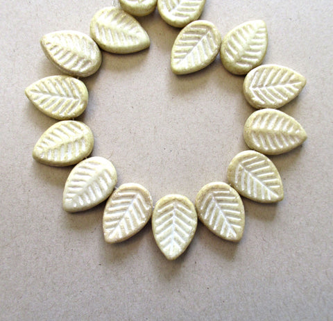 Ten large Czech glass leaf beads - side drilled off white beads with a white wash - 12 x 16mm carved beads C00021