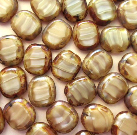 Six Czech glass oval beads - 14 x 12mm marbled silky brown / beige picasso table cut window beads - 00231