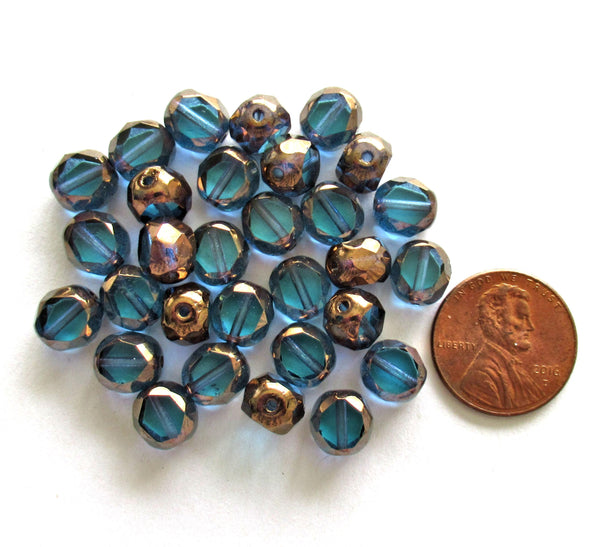 Dual faceted Czech glass beads - 8mm - blue with bronze accents - 2 cut table cut fire polished - thick window beads - 10 pcs - 0079