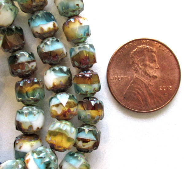 20 6mm Czech glass antique cut cathedral beads - brown white and blue color mix w/ picasso accents - faceted fire polished beads - C00751