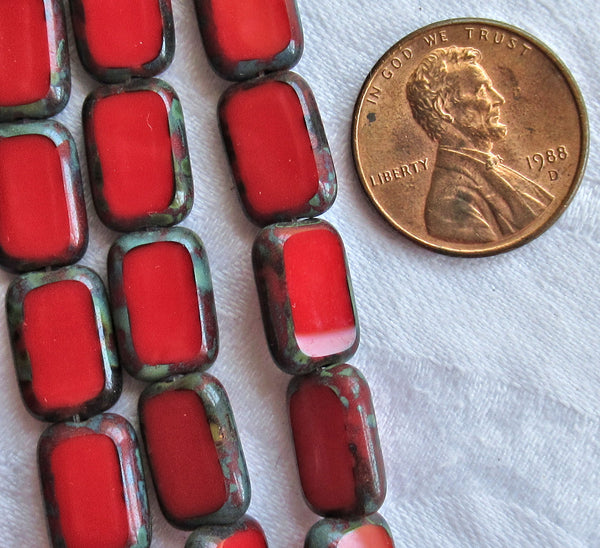 Lot of 24 rectangular Czech glass beads, opaque bright red with a picasso finish, 12mm x 8mm table cut rectangle beads C37101