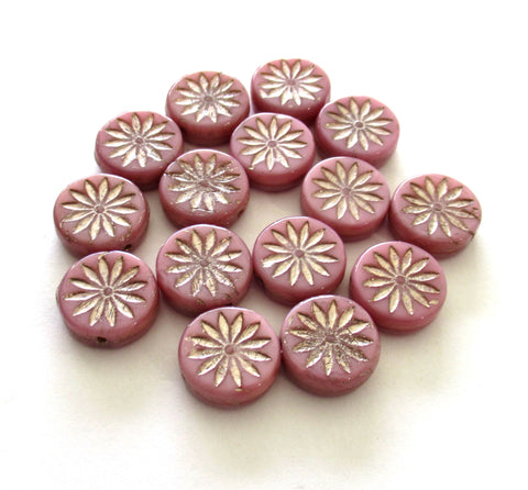 6 Czech glass coin beads - 12mm opaque pink Aster flower disc beads with silver accents - thick flat round beads - 00911