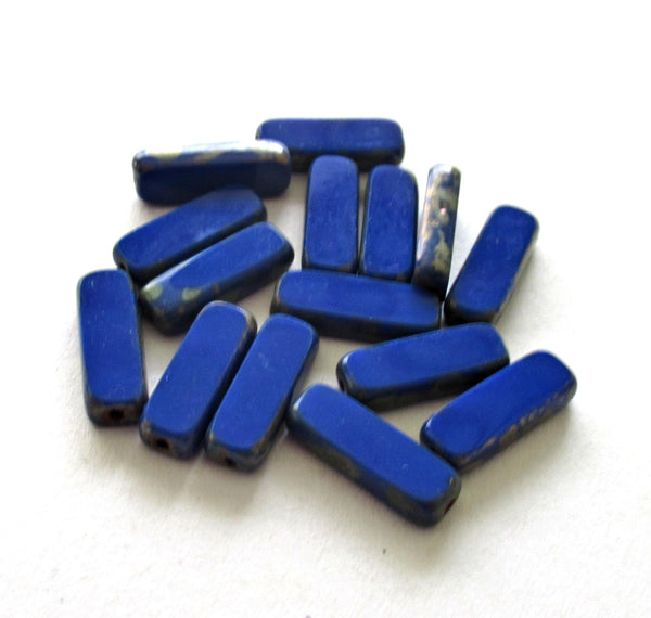 Czech glass rectangle tube beads - opaque royal blue w/ a Picasso finish along the edges - table cut beads - 15 x 5mm - 15 pieces - C00831