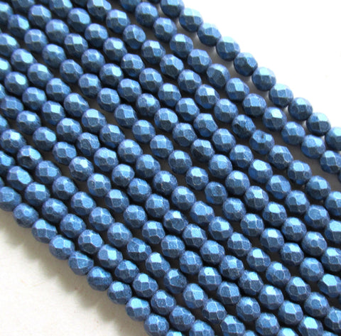 50 4mm matte metallic suede blue Czech glass beads - faceted fire polished round beads - C0025