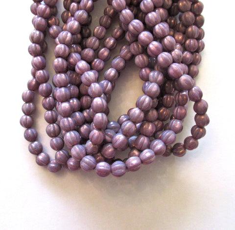 25 Czech glass melon beads - 6mm opaque purple luster, lilac, amethyst pressed glass beads C0084