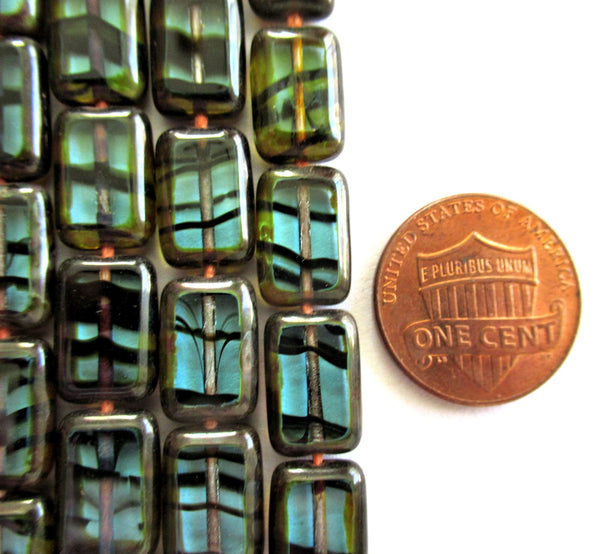 24 Czech glass rectangle beads - transparent light teal blue green tortoiseshell picasso table cut beads - tortoise shell - C00612