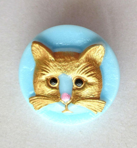 One 18mm Czech glass button - opaque blue with gold cat face decorative shank button 00392