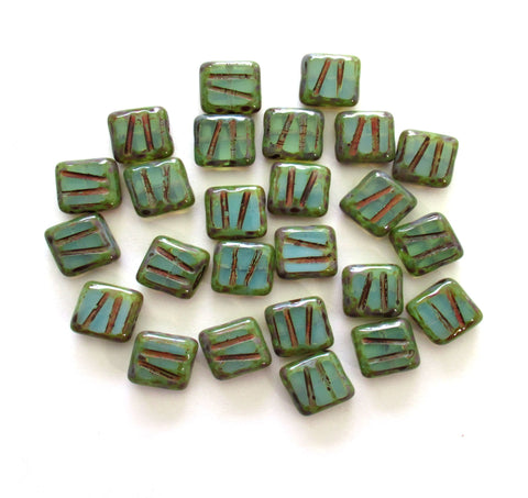 Ten Czech glass square beads - milky light aqua blue w/ picasso accents - 10mm carved, table cut striped zebra beads - C0049