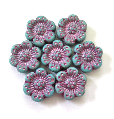 Twelve Czech glass wild rose flower beads - 14mm opaque turquoise blue floral beads with a pink wash - C00022