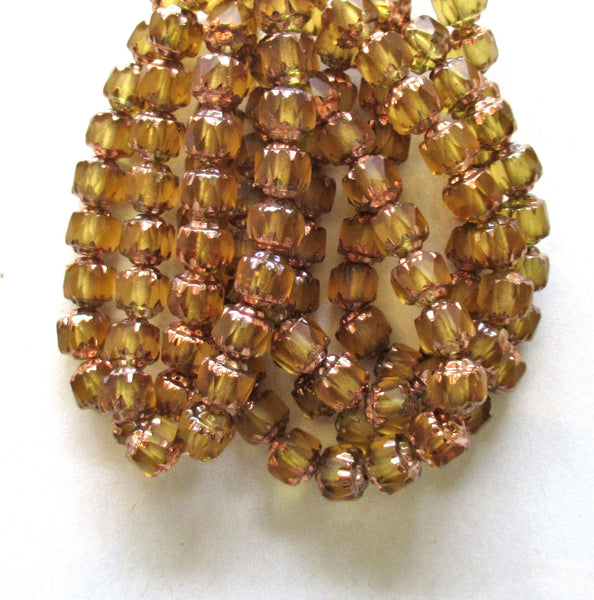 20 6mm Czech glass antique cut cathedral beads - light topaz w/ copper picasso accents - faceted fire polished beads - C00611