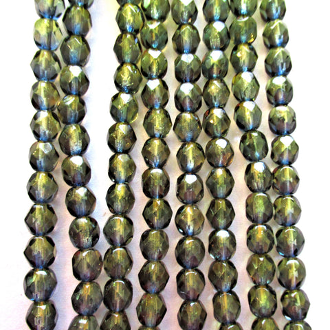 25 6mm Czech glass beads - olivine Green & blue color mix fire polished, faceted beads - C0037