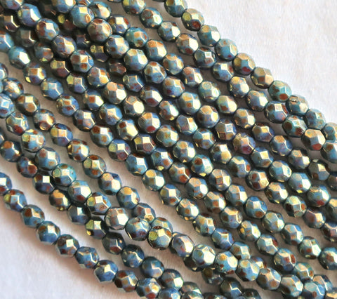 Lot of 50 4mm Persian Turquoise Bronze Picasso Czech glass beads, firepolished, faceted round beads, C0825