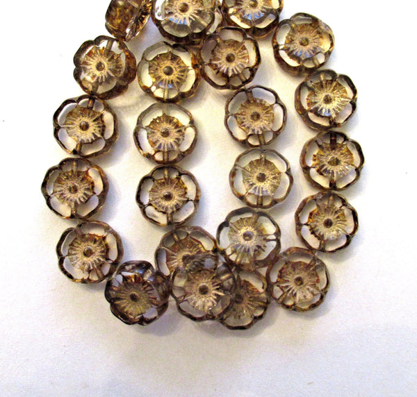 12 Czech glass flower beads - 12mm table cut - carved - crystal clear with a picasso accents - Hawaiian hibiscus floral beads C00391