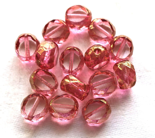 Five 12mm round, faceted. table cut Czech glass beads, pink & gold picasso window beads,, chunky statement , focal beads 611101