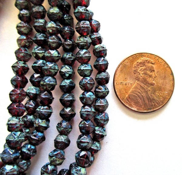 50 4mm Czech glass faceted English cut beads - garnet red with a full picasso finish - rustic earthy beads - C0057