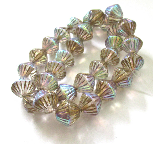 Five Czech glass bicones - 11mm x 10mm - crystal clear ab with gold accents - carved chunky rustic bicone beads C0076