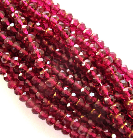 Lot of 25 Czech glass faceted puffy rondelle beads - 5 x 7mm fuchsia or deep pink with copper accents rondelles - C00411